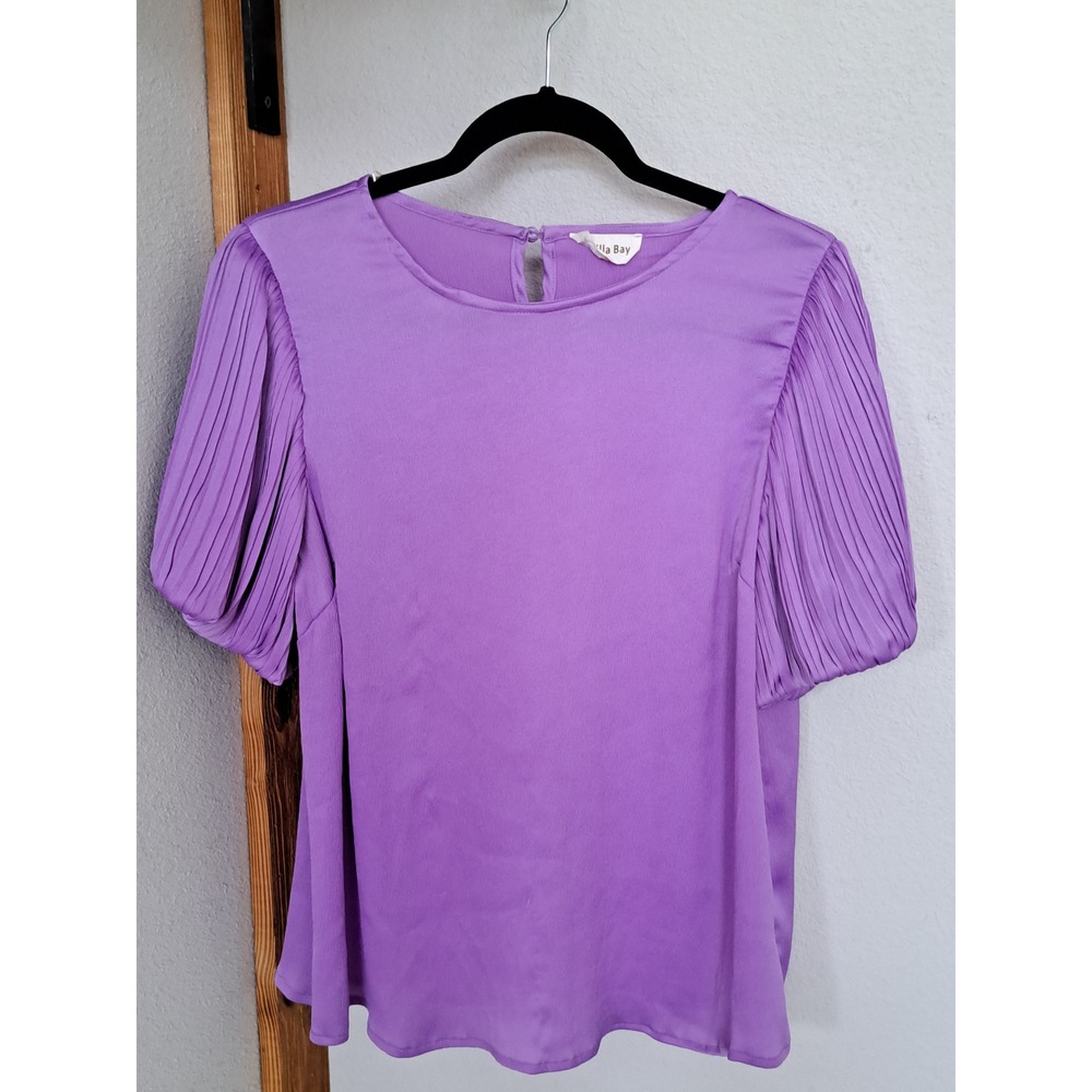 Vanilla Bay Womens Purple Pleated Puff Sleeve Blouse Satin Top Size Large